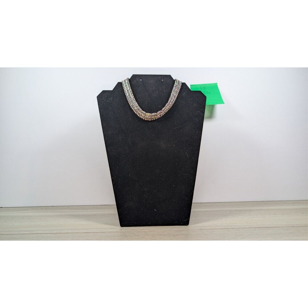 Vintage Rhinestone Choker Necklace Aurora Borealis Crystal 13" Statement Collar